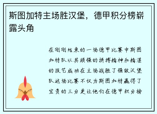 斯图加特主场胜汉堡，德甲积分榜崭露头角